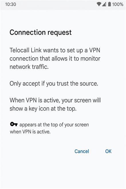 Android VPN permission prompt for Telocall Link